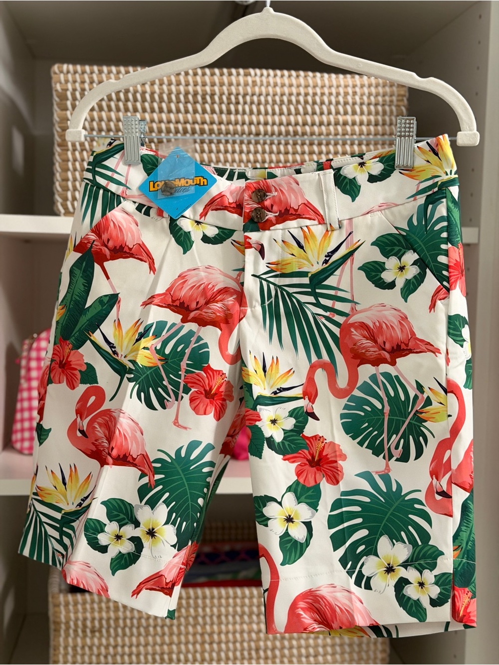 NWT Loudmouth Golf Flamingo Bay Stretch Tech Shorts Size 2 Tropical Flamingo
